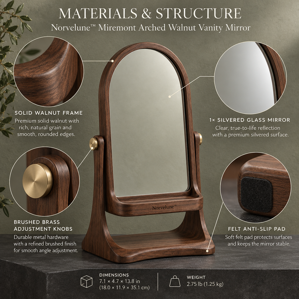 Norvelune Miremont Vanity Mirror Stand materials and structure