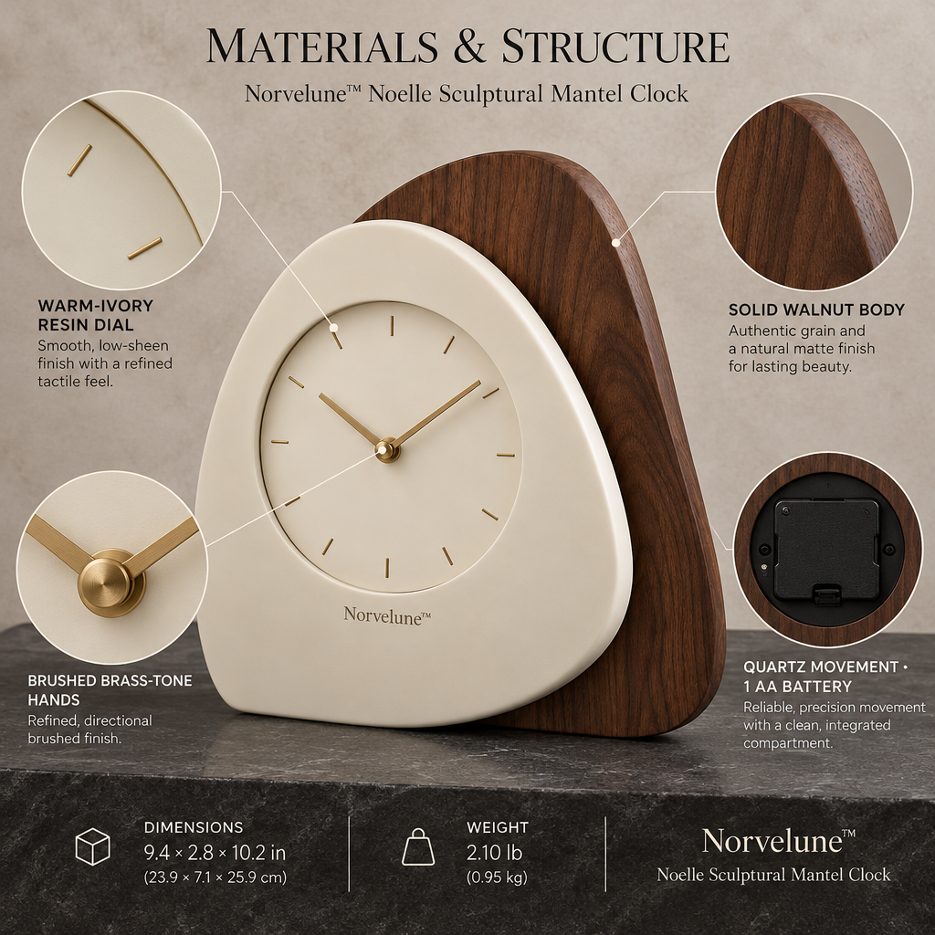 Norvelune Noelle Sculptural Mantel Clock materials and structure