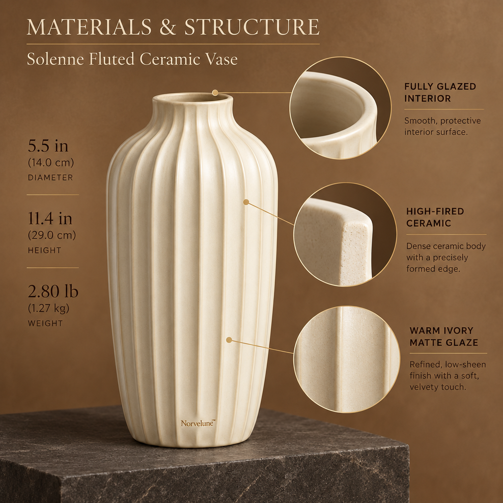 Norvelune Solenne Fluted Ceramic Vase materials and structure