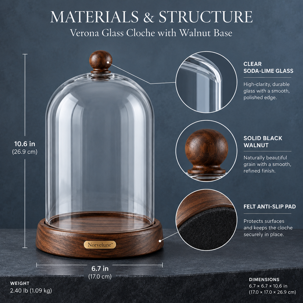 Norvelune Verona Wood & Glass Cloche materials and structure